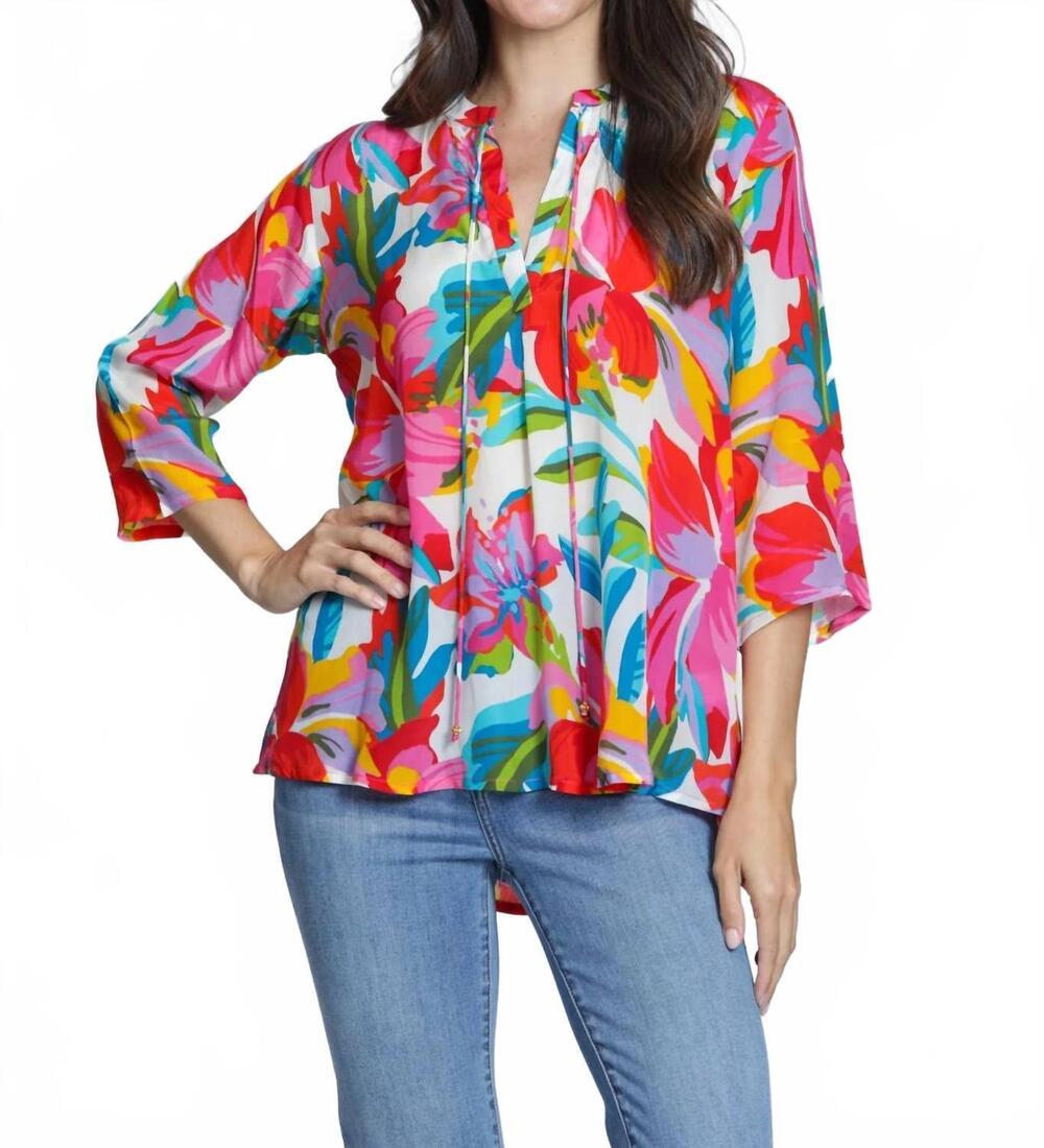 NEW APNY v-neck with tassel top in vibrant tropical burst